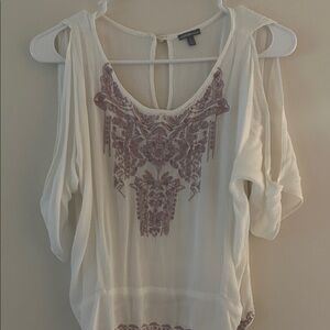 Charlotte Russe Ivory Blouse with Mauve Embroidery